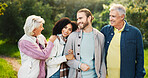 Happy couple, hug or senior parents in park for bonding with love, interracial relationship or care in retirement. People, mature mother and father with family support in nature on holiday vacation