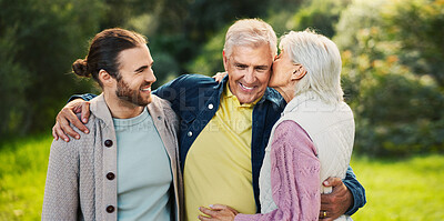 Buy stock photo Hug, park and senior parents with son for bonding, relationship and relax together. Nature, happy family and elderly father, mother and man embrace outdoors for love, affection and care on weekend
