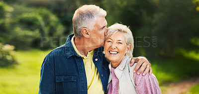 Buy stock photo Kiss, happy and old couple in park for support, commitment and relax together outdoors in morning. Retirement, nature and senior man and woman laugh embrace for bonding, relationship or romance