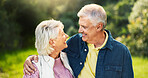 Park, happy and senior couple hug for support, trust and relax together outdoors in morning. Retirement, nature and man and woman laugh for conversation embrace for bonding, relationship and romance