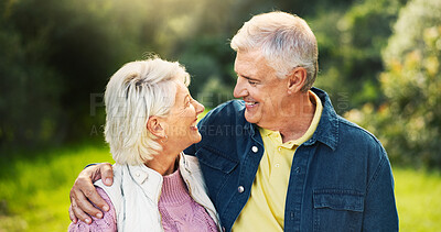 Buy stock photo Park, happy and senior couple hug for support, trust and relax together outdoors in morning. Retirement, nature and man and woman laugh for conversation embrace for bonding, relationship and romance