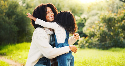Buy stock photo Outdoor, hug and mother with girl, smile and bonding together with relationship, care and joy. Family, parent and mama in park, daughter and embrace with nature, happiness and comfort with love