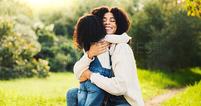 Buy stock photo Outdoor, hug and mother with girl, love and bonding together with happiness, care and smile. Family, parent and mama in park, daughter and embrace with nature, relationship and comfort with joy