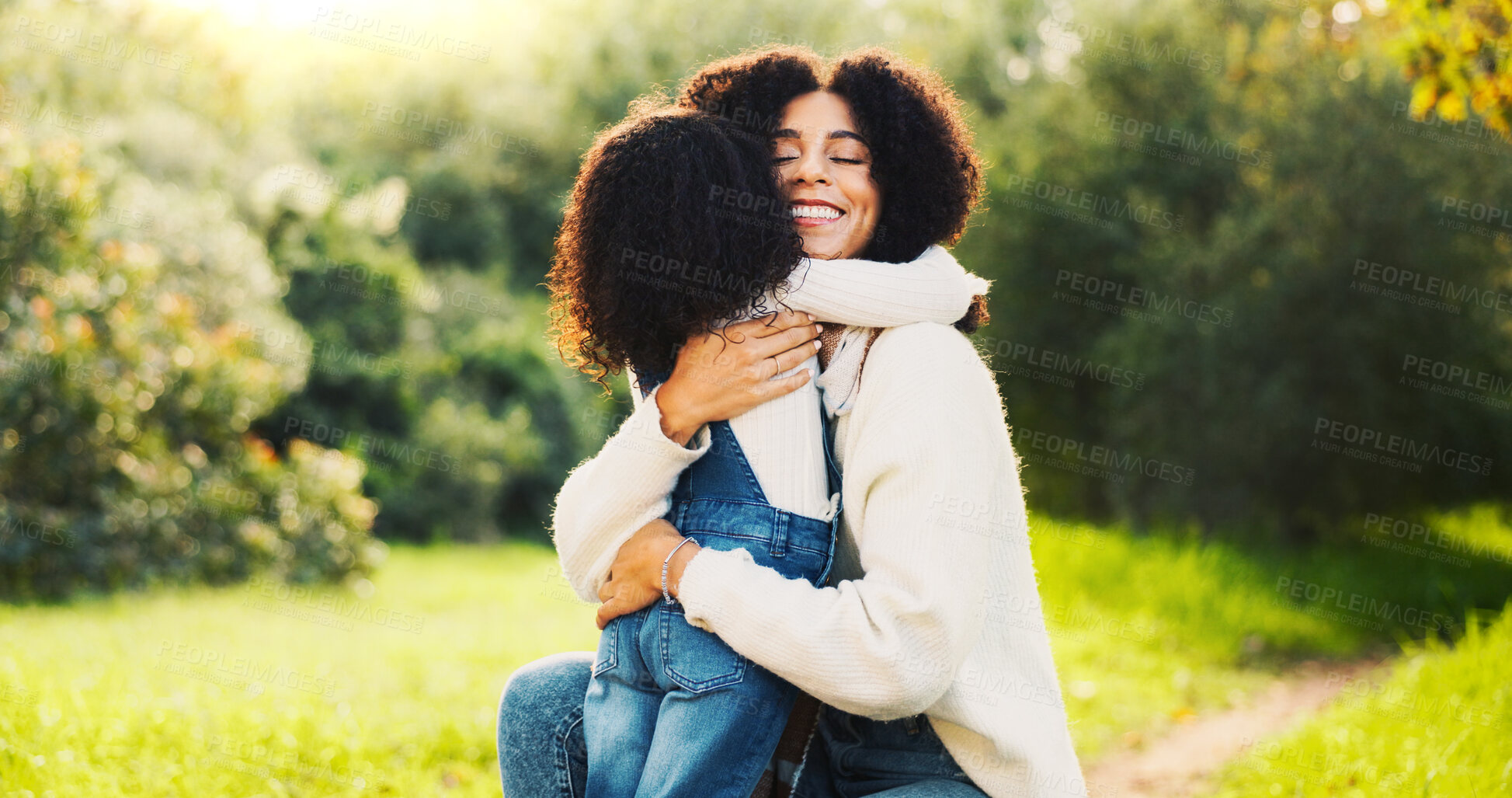 Buy stock photo Outdoor, hug and mother with girl, love and bonding together with happiness, care and smile. Family, parent and mama in park, daughter and embrace with nature, relationship and comfort with joy
