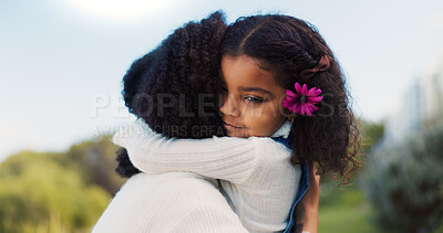 Buy stock photo Love, hug and mother in park, girl and bonding together with happiness, care and nature. Family, parent and mama with daughter, outdoor and embrace with flowers, relationship and comfort with joy