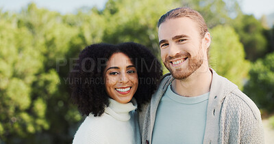 Buy stock photo Outdoor, couple and portrait with hug for love, bonding together and connection in healthy relationship. Nature, man and woman with smile for embrace, interracial marriage and care on weekend holiday