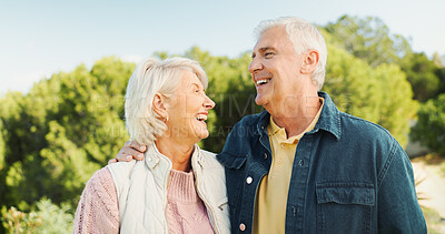 Buy stock photo Outdoor, old couple and laughing with hug for love, bonding together and connection in healthy relationship. Nature, man and woman with smile for embrace, senior marriage and care on weekend holiday