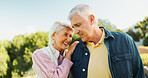 Outdoor, old couple and love with hug for laughing, bonding together and connection in healthy relationship. Nature, man and woman with smile for embrace, senior marriage and care on weekend holiday