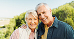Outdoor, old couple and hug with love in portrait, bonding together and connection in healthy relationship. Nature, man and woman with smile for embrace, senior marriage and care on weekend holiday