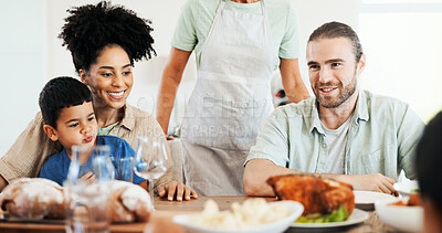 Buy stock photo Love, bonding and lunch with family in dining room for smile, food and nutrition. Support, happiness and wellness with child and parents eating at home for relax, serving and health together