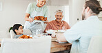 Love, chicken and lunch with big family in dining room for bonding, food and nutrition. Support, happiness and grandparents with child and parents eating at home for relax,  serving and health