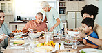 Love, serving and lunch with big family in dining room for bonding, food and nutrition. Support, happiness and grandparents with child and parents eating at home for relax, helping and health