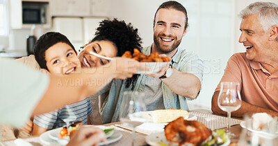 Buy stock photo Love, smile and lunch with big family in dining room for bonding, food and nutrition. Support, happiness and grandparents with child and parents eating at home for relax, serving and health together