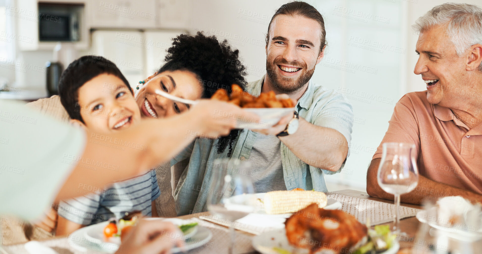 Buy stock photo Love, smile and lunch with big family in dining room for bonding, food and nutrition. Support, happiness and grandparents with child and parents eating at home for relax, serving and health together
