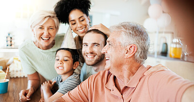 Buy stock photo Home, selfie and big family with love, smile and bonding together with birthday party. Funny, grandparents and mother with father, boy and photography with happiness, laughing and capture moment