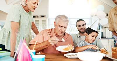 Buy stock photo Birthday cake, food and eating with family at home for party, celebration and dining room. Support, dessert and love with group of people in house for happiness, lunch and surprise event together