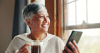 Buy stock photo Mature woman, thinking and phone by window, reflection and inspiration with self help quote on social media. Person, happy and smartphone with perspective, memory and mobile app with coffee in home