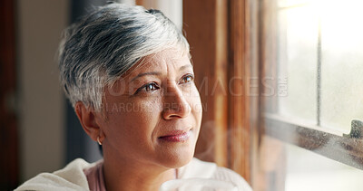 Buy stock photo Thinking, window and coffee with old woman at home for reflection, retirement and morning inspiration. Future, memory and relax with senior person in apartment for perspective, vision and wonder