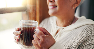 Buy stock photo Home, hands and old woman with coffee, window view and morning routine with retirement. Apartment, mature person and senior lady in lounge, espresso and resting with break, smiling and closeup