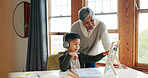 Education, senior woman and child with headphones, and listening to podcast for knowledge and abacus. Studying, student and kid with audio for homework, growth and development with grandma or numbers