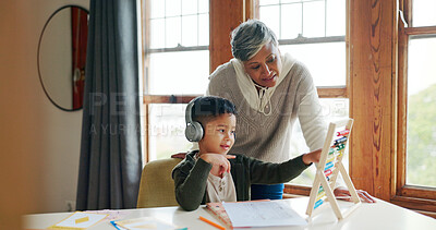 Buy stock photo Abacus, senior woman and child with headphones, tutor or listening to audio for math or education. Counting, student and kid with tech for homework, growth and development with grandma or calculation