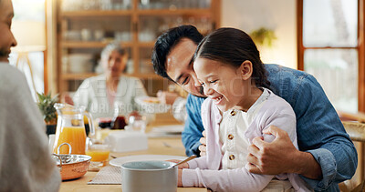 Buy stock photo Family, food and father with child at dinner for healthy meal, bonding together and relationship. Love, home and happy people in dining room for lunch, nutrition and relax with conversation and care