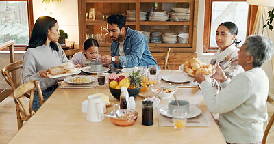 Buy stock photo Family, child or parents in home for lunch for healthy meal, bowl or helping with love or care. Group reunion, help or people in dining room for brunch, nutrition or feast with diet, girl or support