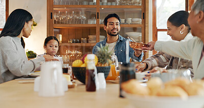 Buy stock photo Family, home or parents serving breakfast for healthy meal, bowl or helping with love or care. Group reunion, giving or happy people in dining room for lunch, nutrition or feast with child or support