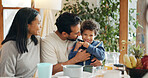 Home, breakfast and parents with boy, love and bonding together with smile, care and nutrition. Hungry, apartment and family with mother, father and child with healthy food, morning and happiness