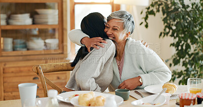 Buy stock photo Breakfast, hug and smile with family at home for bonding, nutrition and croissant food. Morning, wellness and health with senior mother and daughter in house for connection, support or brunch