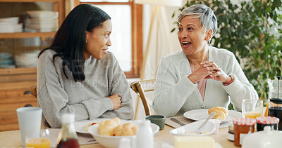 Buy stock photo Breakfast, love and talking with family at home for bonding, nutrition and croissant food. Morning, wellness and health with senior mother and daughter in house for connection, support or brunch
