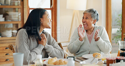 Buy stock photo Breakfast, excited and smile with family at home for bonding, nutrition and croissant food. Morning, wellness and health with senior mother and adult daughter for connection, support and brunch