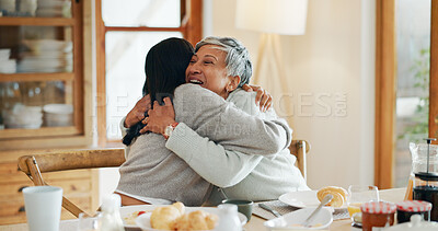Buy stock photo Breakfast, morning and hug with family at home for bonding, nutrition and food. Excited, wellness and health with women embrace in dining room of house for connection, support and brunch together