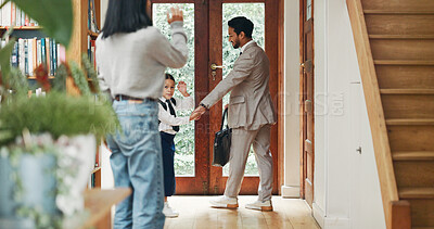 Buy stock photo Home, father and child with mother for goodbye, waving and  student leaving to school with papa. House, mom and dad with girl going to kindergarten, education and learning with parents as family