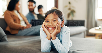 Buy stock photo Family, love and smile and portrait of child on sofa for calm, care and comfortable. Support, happiness and connection with young girl in living room of home for commitment, relax and growth