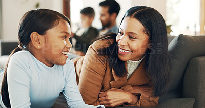 Buy stock photo Smile, relax and mother with daughter on sofa for bonding, care and comfort together. Support, happiness and couch with woman and child in living room of family home for commitment, love or growth