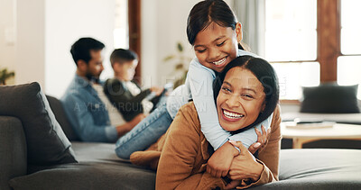 Buy stock photo Smile, playful and mother with daughter on sofa for bonding, care and comfort together. Support, happiness and couch with woman and child in living room of family home for commitment, relax or growth