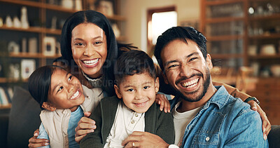 Buy stock photo Couch, parents and children in portrait for hug, connection and bonding together as family at home. Sofa, mom and dad with kids for love embrace, relationship and relax on weekend holiday in house