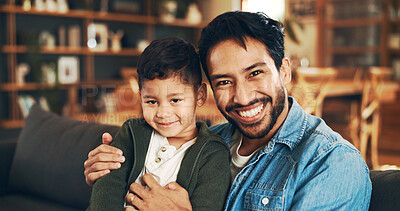 Buy stock photo Couch, father and child in portrait for hug, connection and bonding together as family at home. Sofa, smile and dad with happy boy for love embrace, relationship and relax on weekend holiday in house