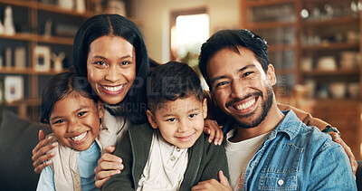 Buy stock photo Sofa, parents and children in portrait for hug, connection and bonding together as family at home. Couch, mom and dad with kids for love embrace, relationship and relax on weekend holiday in house