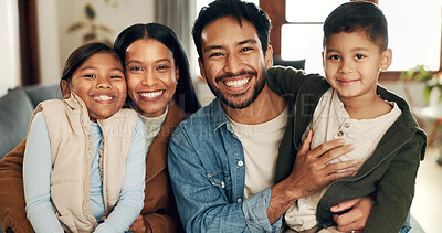 Buy stock photo Sofa, parents and kids in portrait for hug, connection and bonding together as family at home. Couch, mom and dad with children for love embrace, relationship and relax on weekend holiday in house