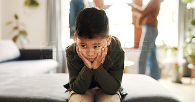 Buy stock photo Children, fear and parents fighting in living room of home for anger, argument or toxic relationship. Anxiety, conflict and family with boy on sofa in apartment with couple shouting for frustration