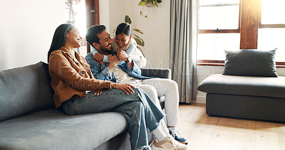 Buy stock photo Hug, love and smile with family on sofa for bonding, care and embrace together. Support, happiness and connection with parents and child in living room of home for commitment, relax or growth