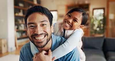Buy stock photo Sofa, father and girl in portrait for hug, connection and bonding together as family at home. Couch, smile and dad with happy child for love embrace, relationship or relax on weekend holiday in house