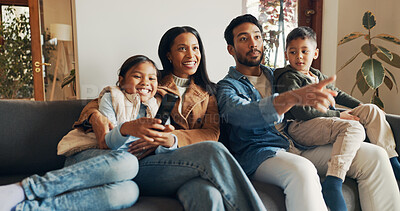 Buy stock photo Love, watching tv and smile with family on sofa for bonding, show and streaming. Movie, happiness and connection with parents and children in living room of home for commitment, relax or film