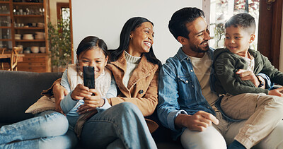 Buy stock photo Relax, watching tv and smile with family on sofa for bonding, show and streaming. Movie, happiness and connection with parents and children in living room of home for care, love or film together