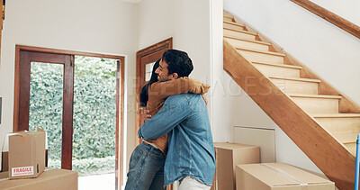 Buy stock photo Hug, happy couple or excited in new home for real estate, investment and achievement or financial security. Man, woman and celebration in embrace for moving house, property ownership or mortgage loan