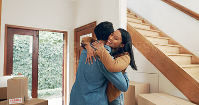 Buy stock photo Hug, couple and excited in new home for real estate, investment and freedom or financial security. Happy man, woman and celebration in embrace for moving house, property ownership or mortgage loan