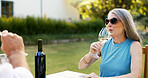 Love, drink and wine with old couple in nature for romance, anniversary date and bonding. Happiness, retirement and support with senior man and woman at vineyard resort for glass, relax and vacation