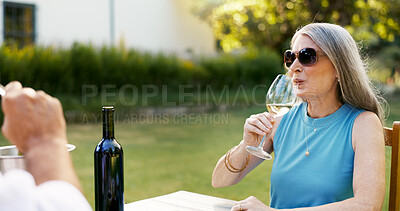 Buy stock photo Love, drink and wine with old woman in nature for romance, anniversary date and bonding. Happiness, retirement and support with senior couple at vineyard resort for glass, relax and vacation